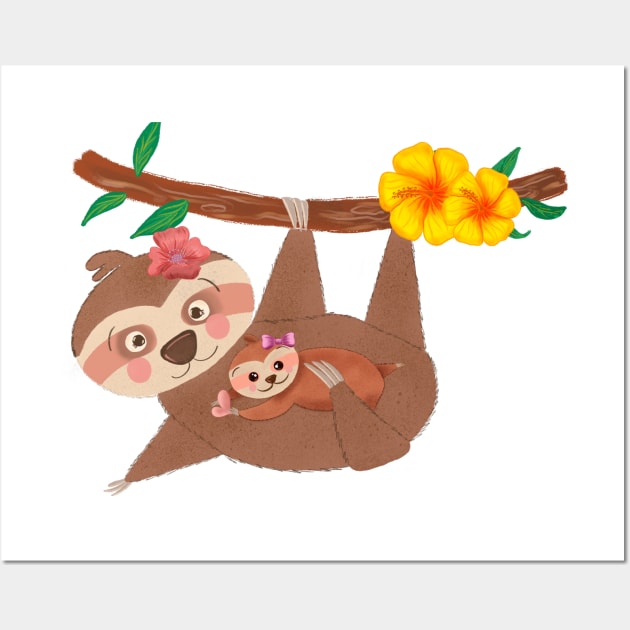 Cute baby sloth and mom Wall Art by PrintAmor